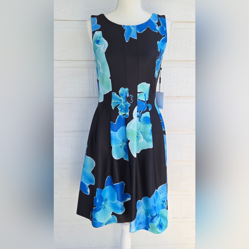 Calvin Klein Nwt Black Floral Orchid Fit & Flare Dress Blue Teal Cocktail Size 6